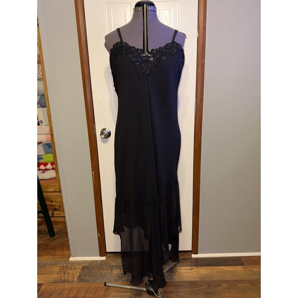 Vintage 90s Black Whimsygoth Sheer Bias Cut Asymmetrical Beaded Lace Slip Gown